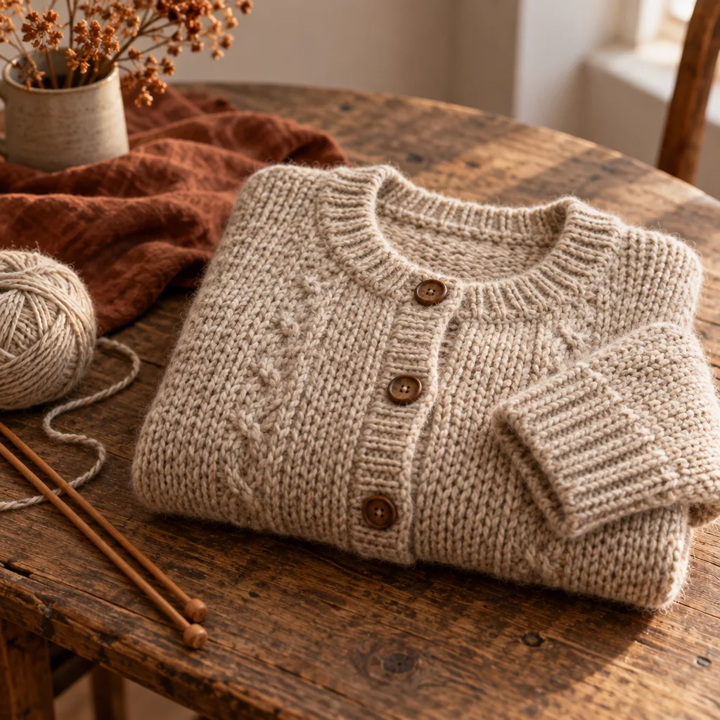 Decorative illustration of a knitted cardigan with a button front